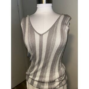 Vintage INC International Concepts Metallic Striped V-Neck Knit Tank Silver M